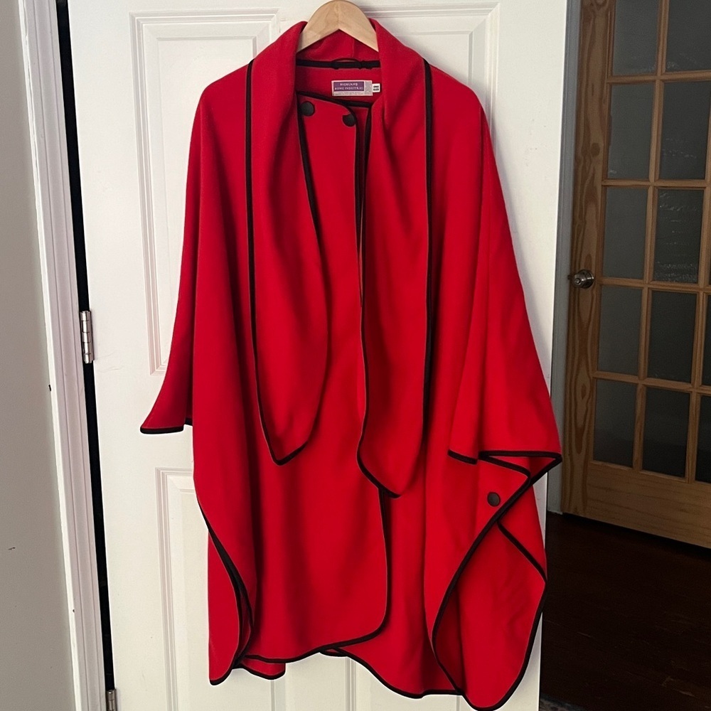 100% Wool Cape British Shawl Coat Vintage Red with Black Trim one size